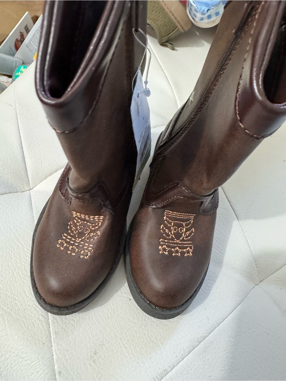 Kids Brown Lace-Up Western-Inspired Boots with Embroidered Toe